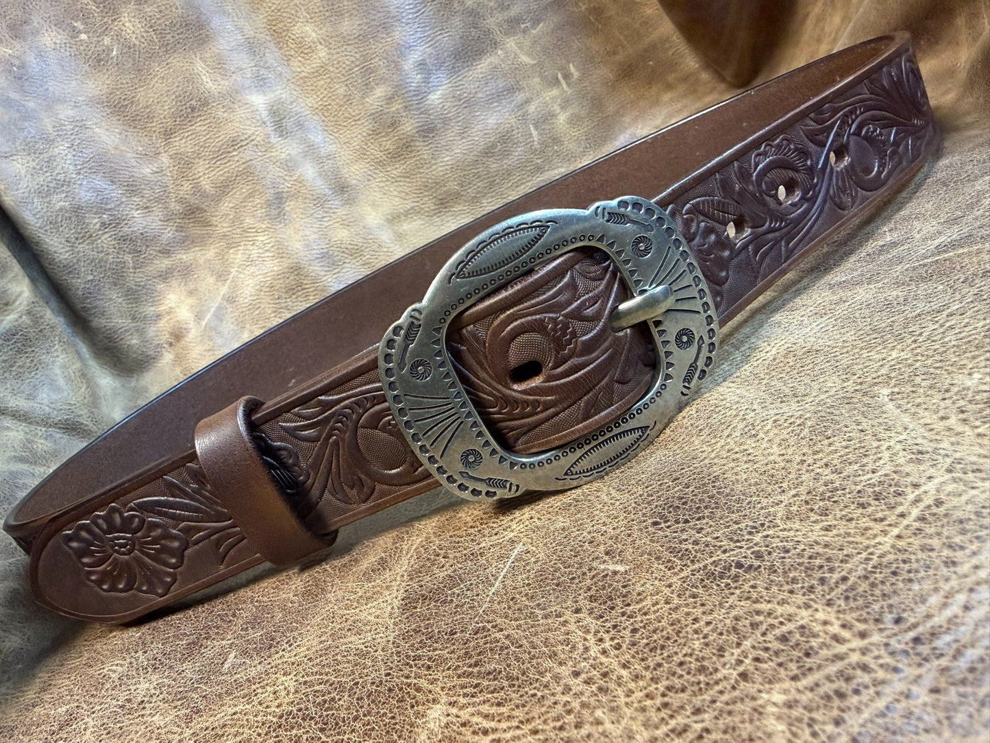Meian's custom-made brown carved handmade belt