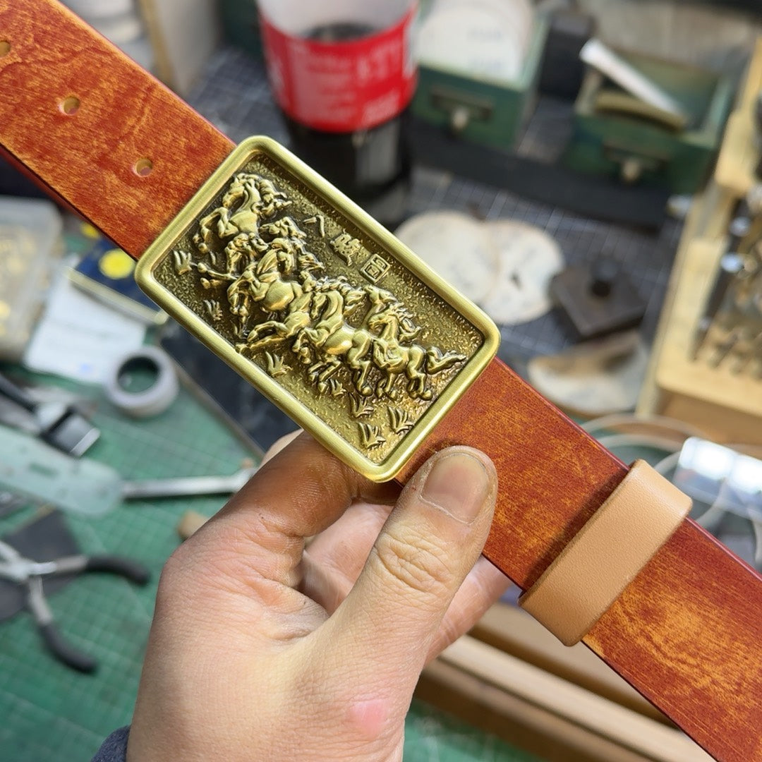 Brand-New 'Eight Horses' Embossed Leather Belt