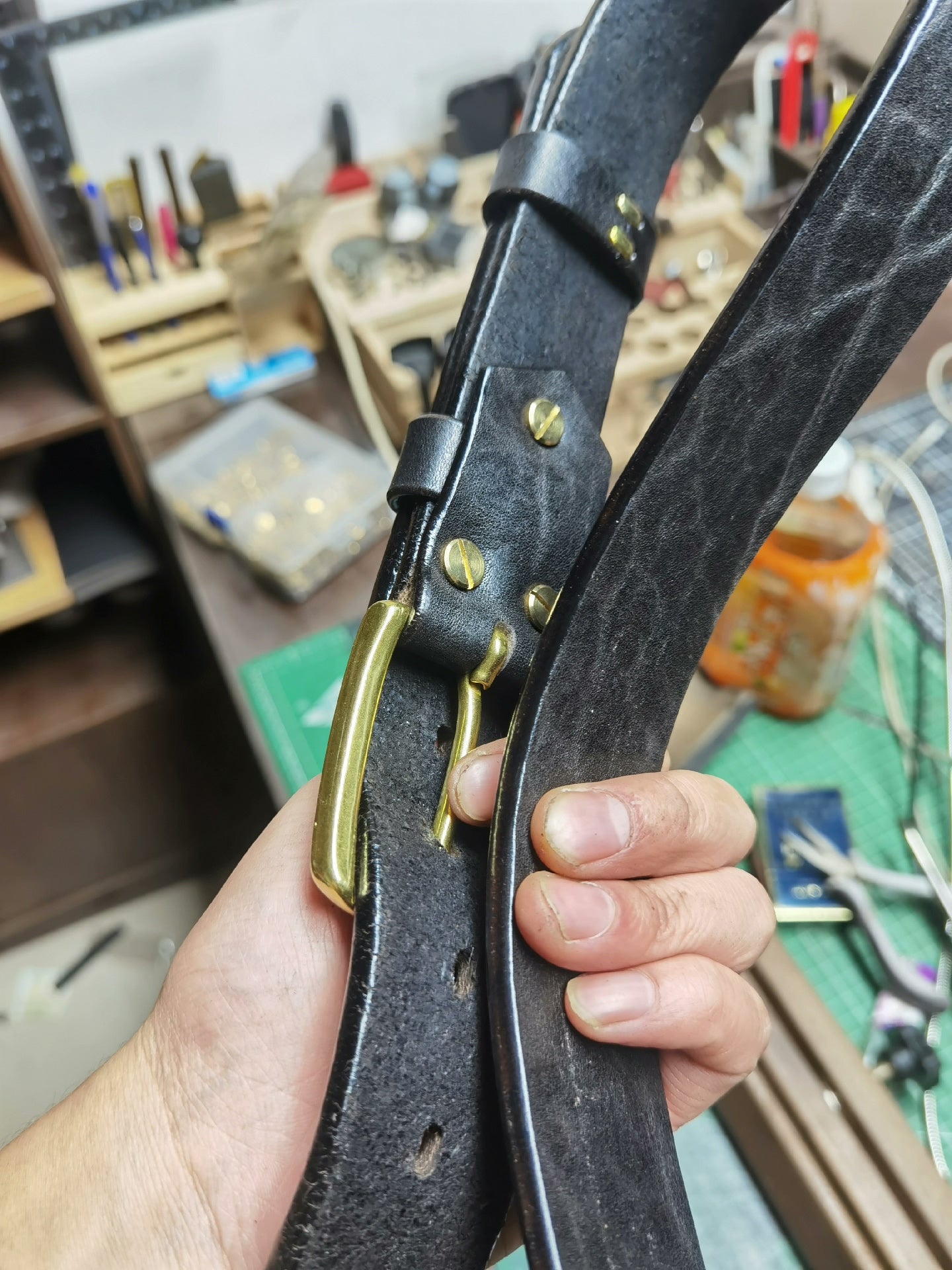 Black dyed bison leather handmade belt imported from North America