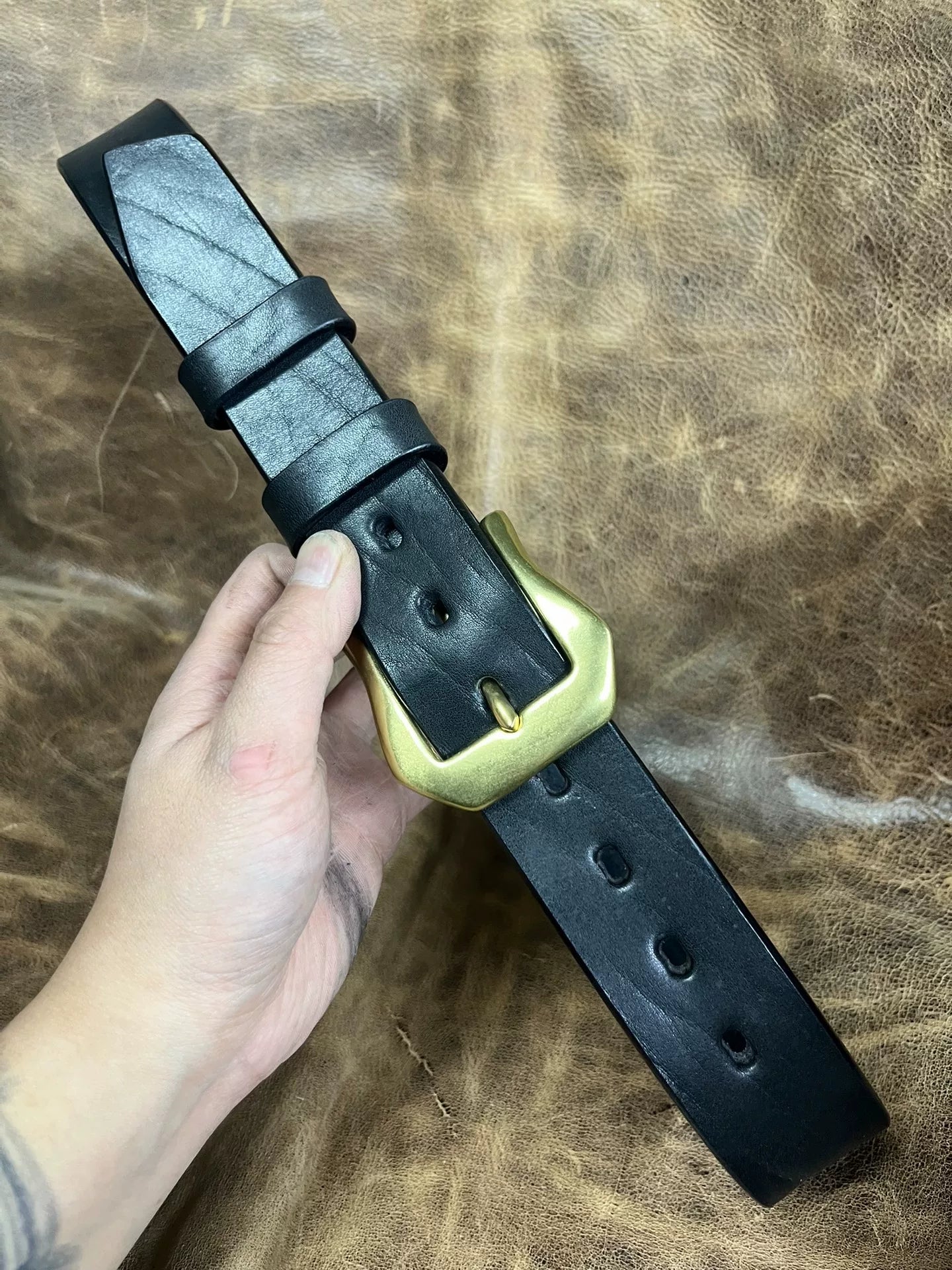 Black dyed bison leather handmade belt imported from North America