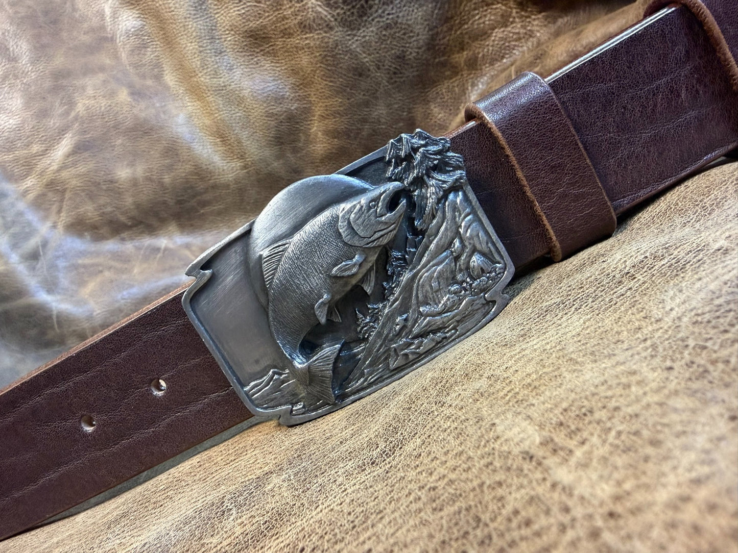 Pre-Owned Tin Plate Buckle with Coffee Buffalo Leather