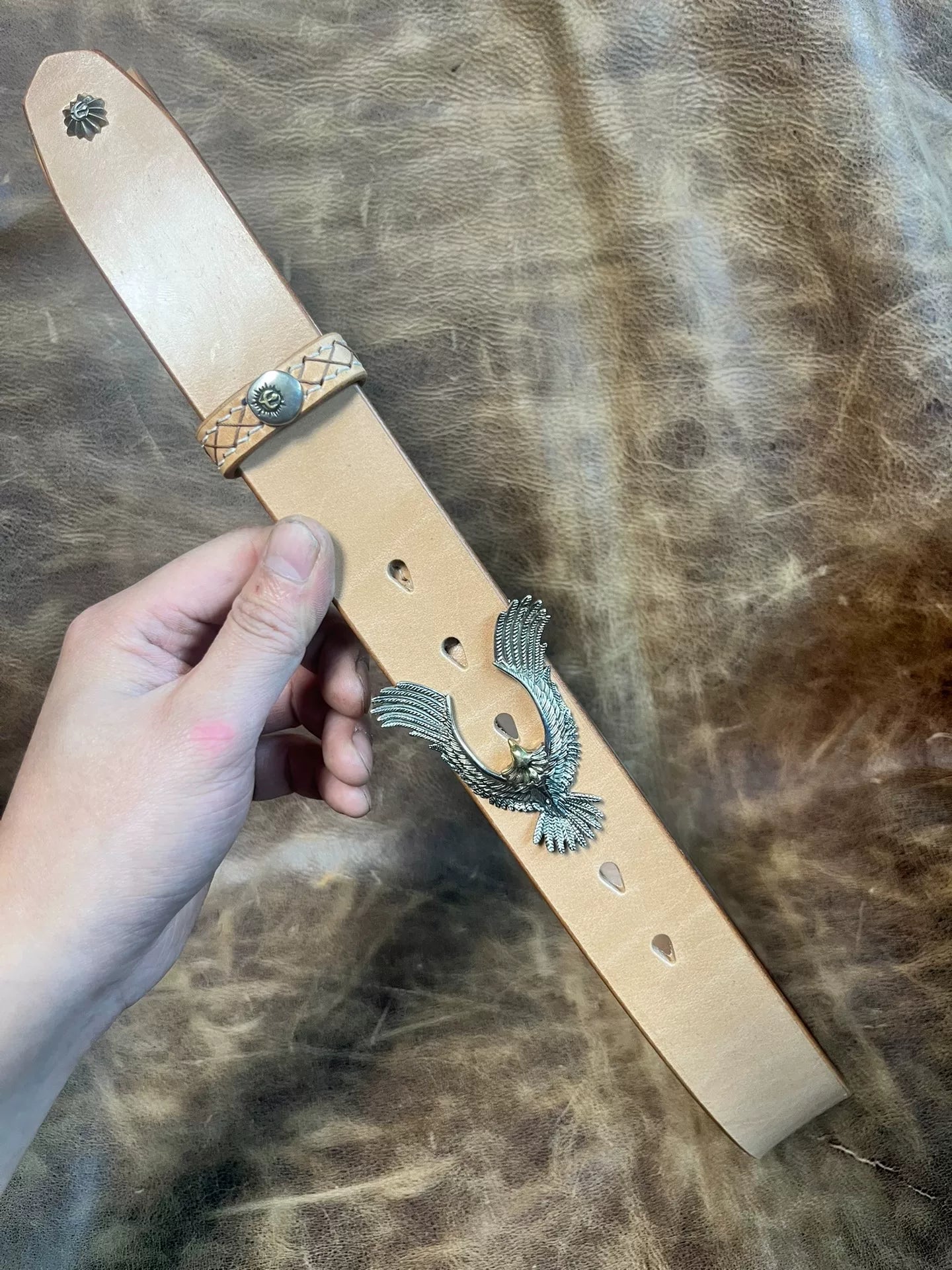 Pure copper Takahashi style eagle belt buckle with natural cowhide…