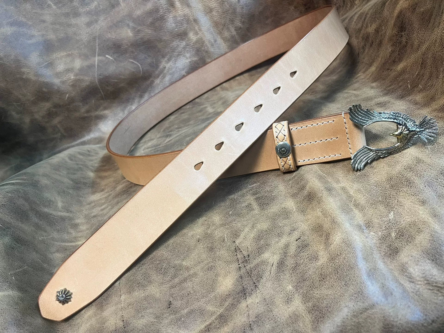 Pure copper Takahashi style eagle belt buckle with natural cowhide…