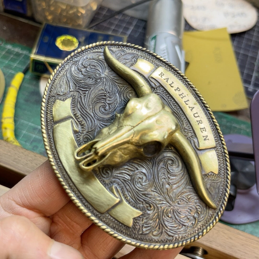 RL second-hand brass bull head belt buckle