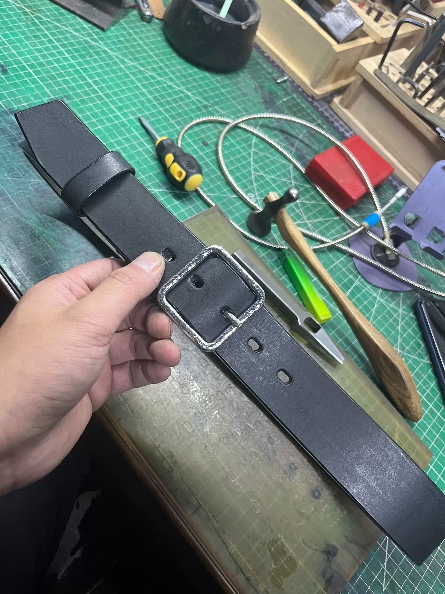 Handmade Top-Grain Leather Belt — Hammered Stainless Steel Buckle