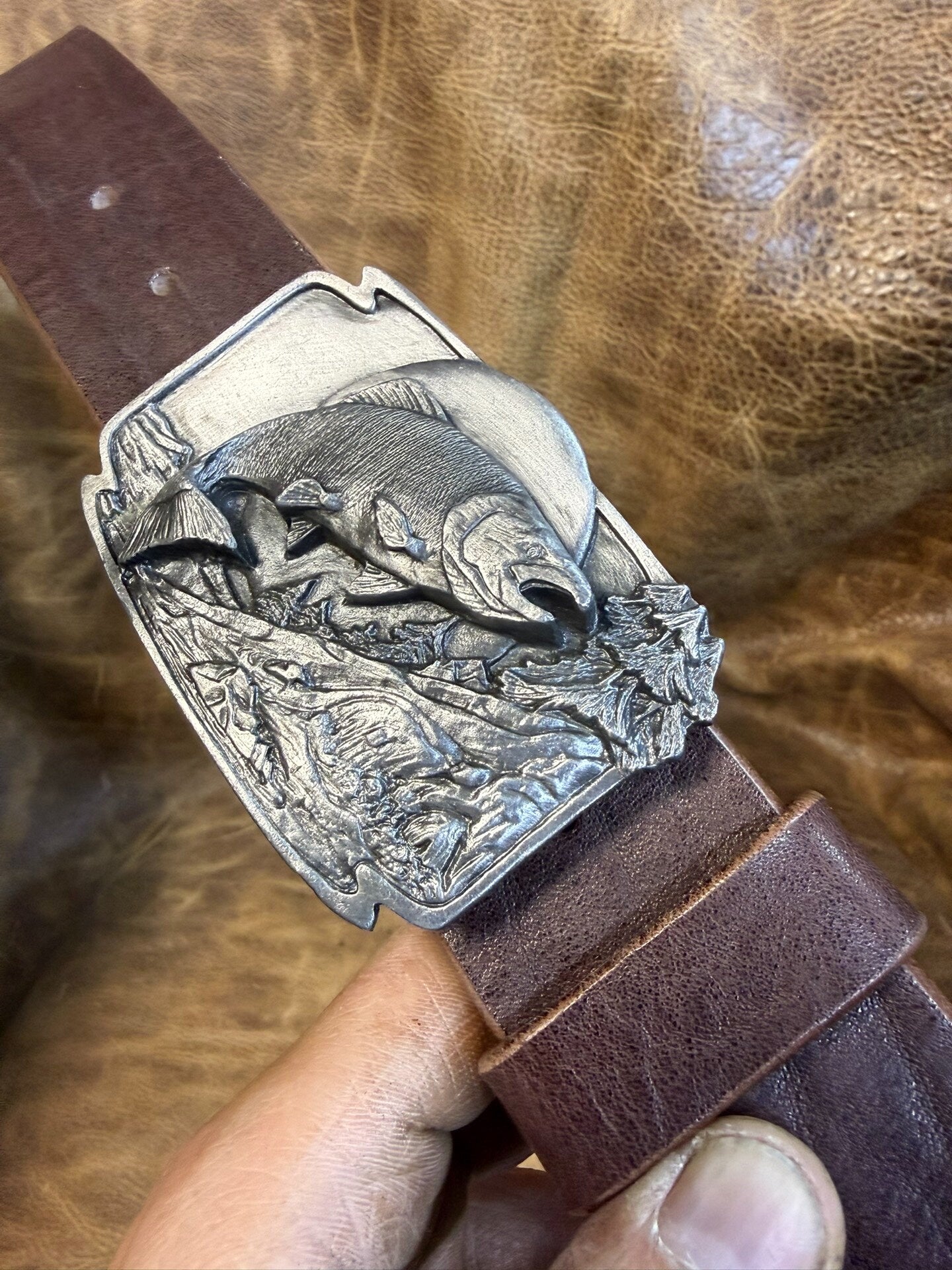 Pre-Owned Tin Plate Buckle with Coffee Buffalo Leather