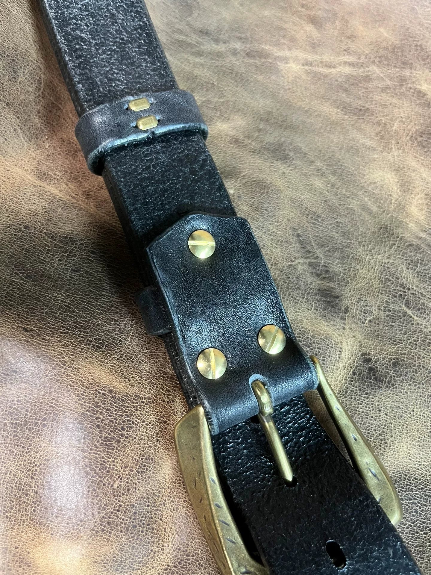Black dyed bison leather handmade belt imported from North America