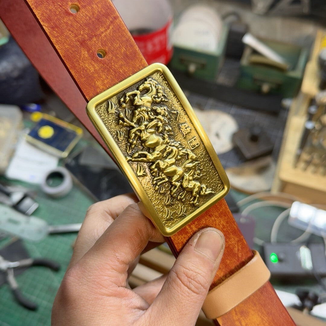 Brand-New 'Eight Horses' Embossed Leather Belt