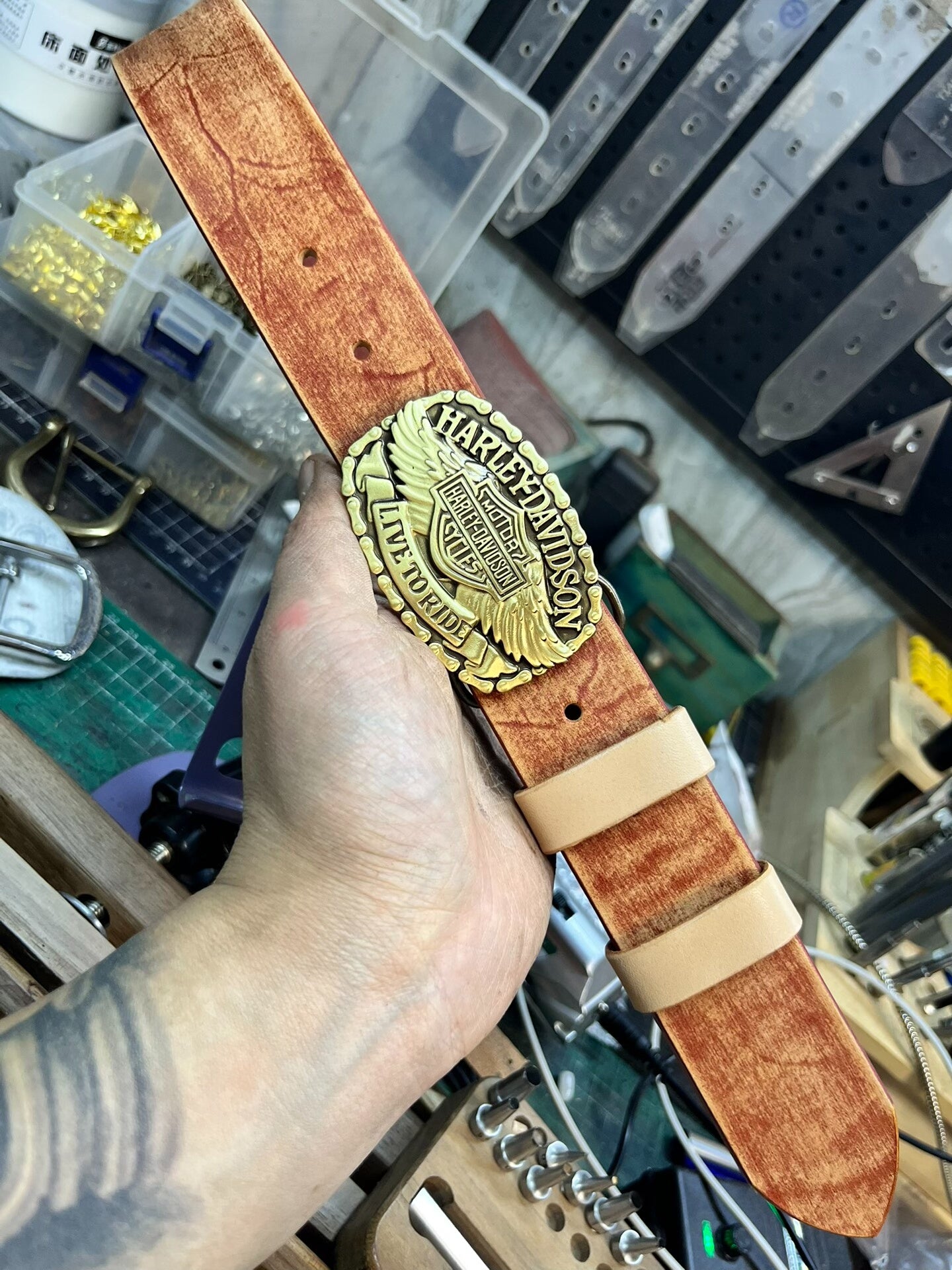Harley Motorcycle Leather Belt — Solid Brass + Italian Top-Grain