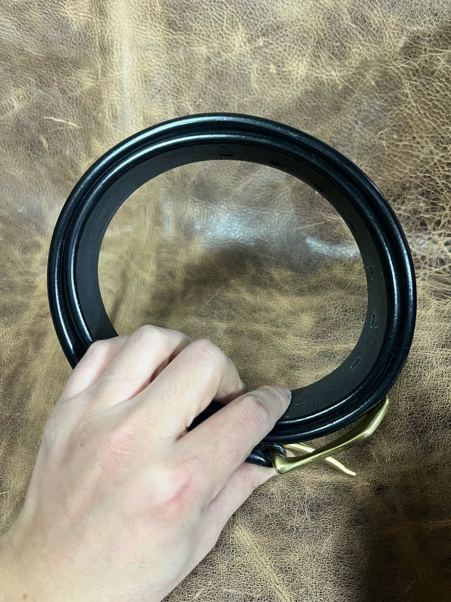 Black dyed bison leather handmade belt imported from North America