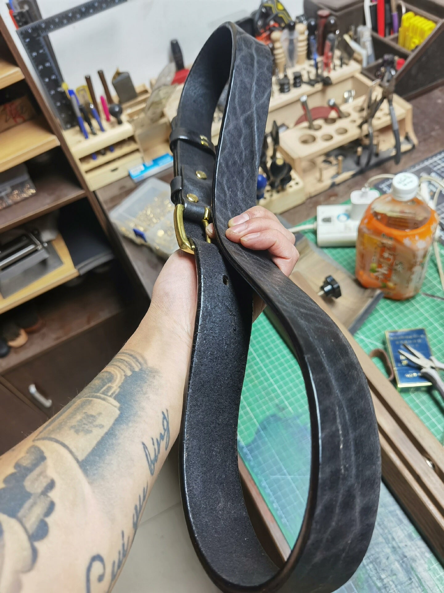 Black dyed bison leather handmade belt imported from North America