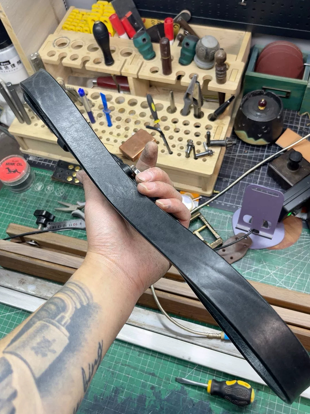 Black dyed bison leather handmade belt imported from North America