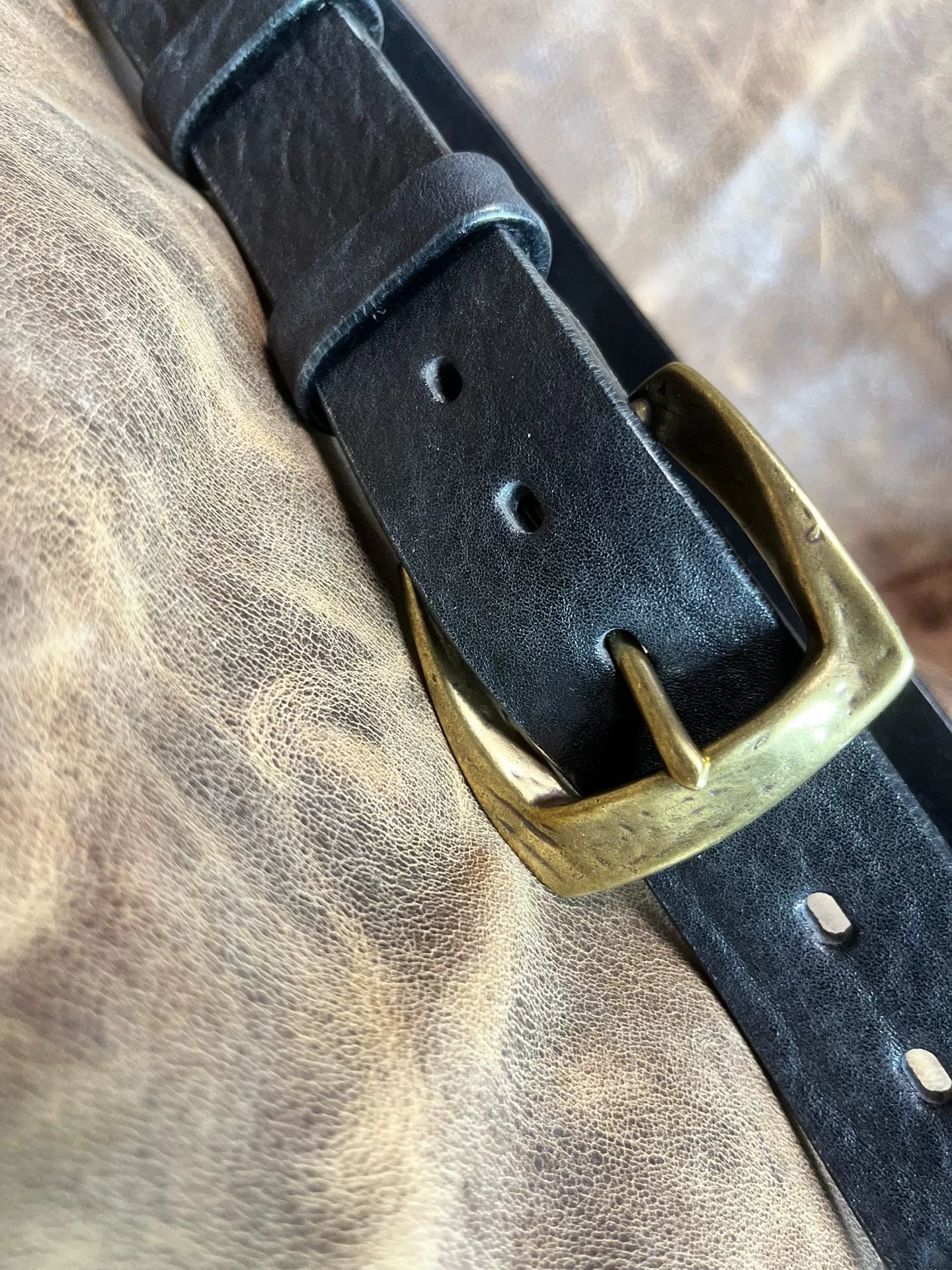 Black dyed bison leather handmade belt imported from North America