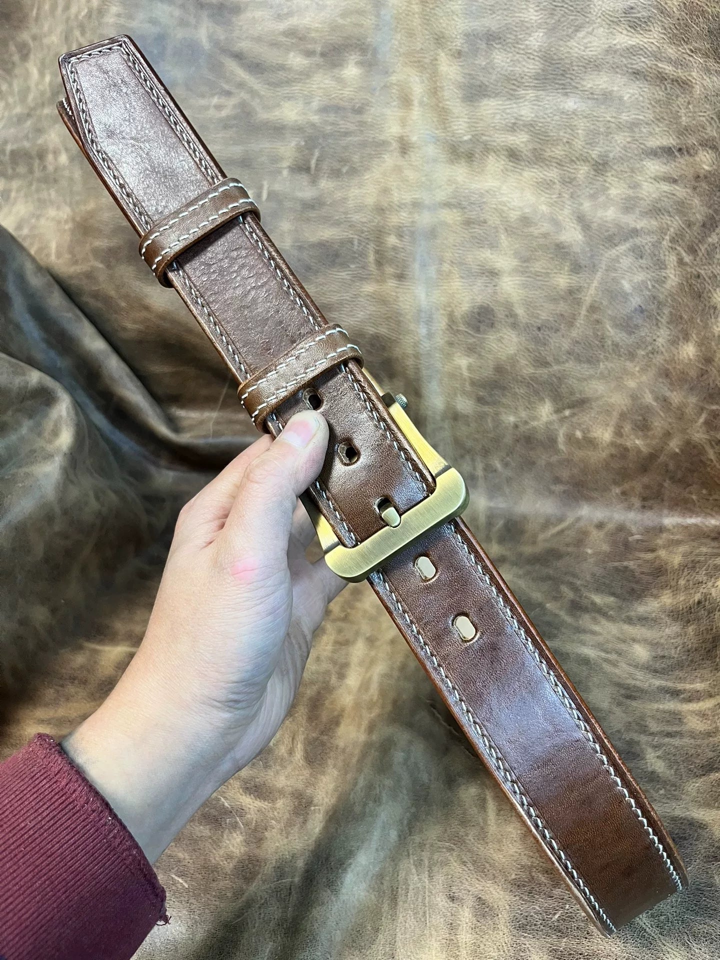 7mm thick double-layer hand-stitched cordovan leather handmade belt…