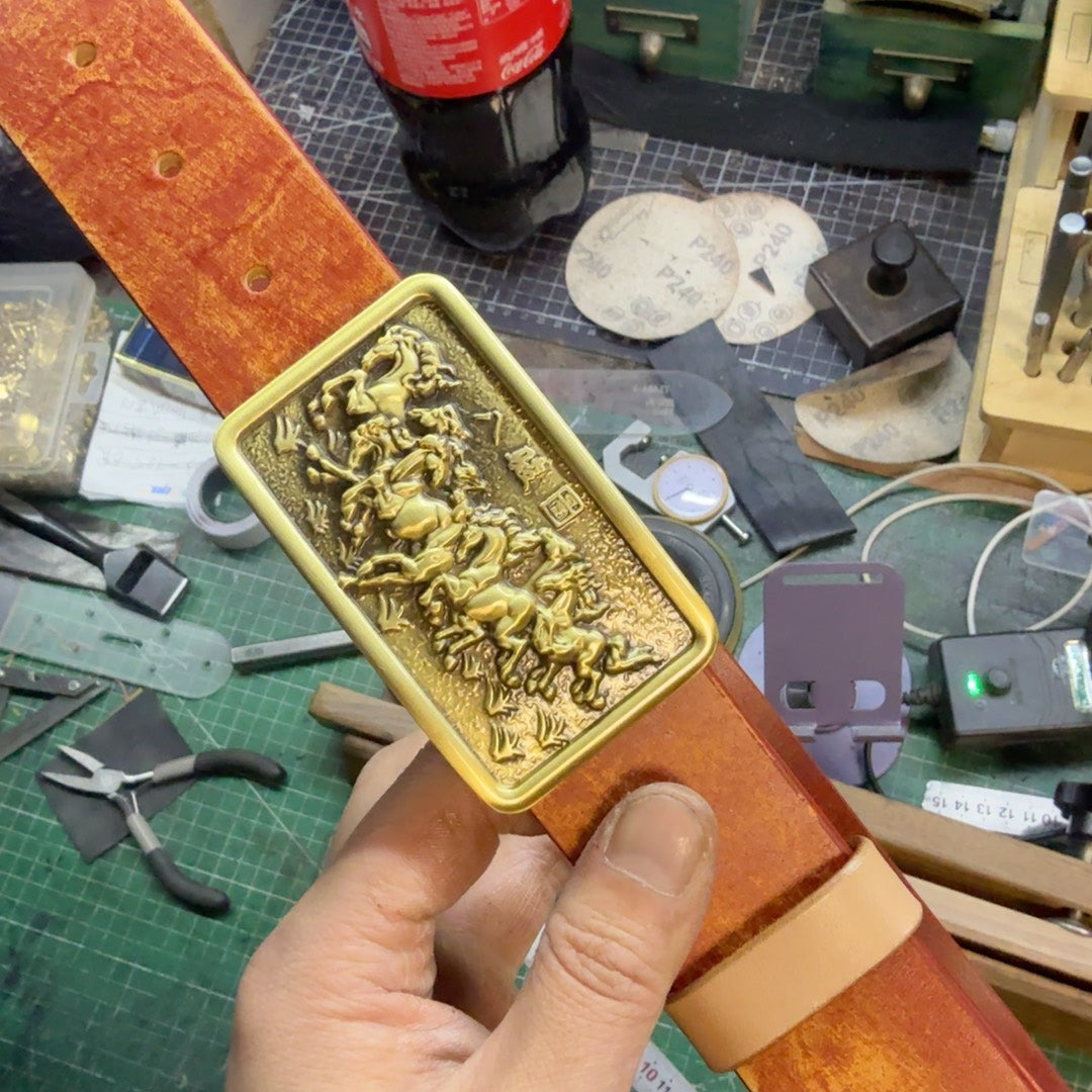 Brand-New 'Eight Horses' Embossed Leather Belt