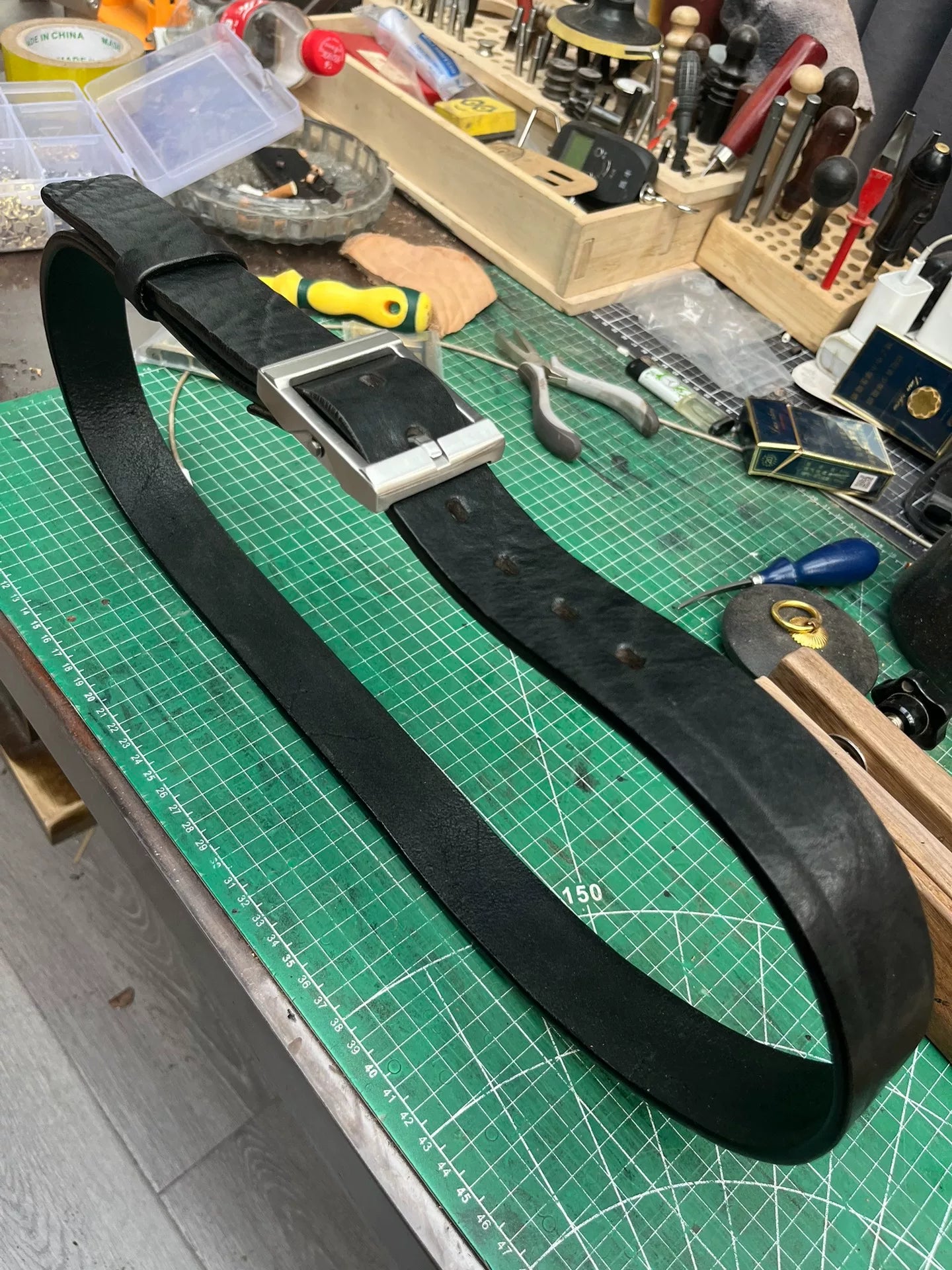 Black dyed bison leather handmade belt imported from North America